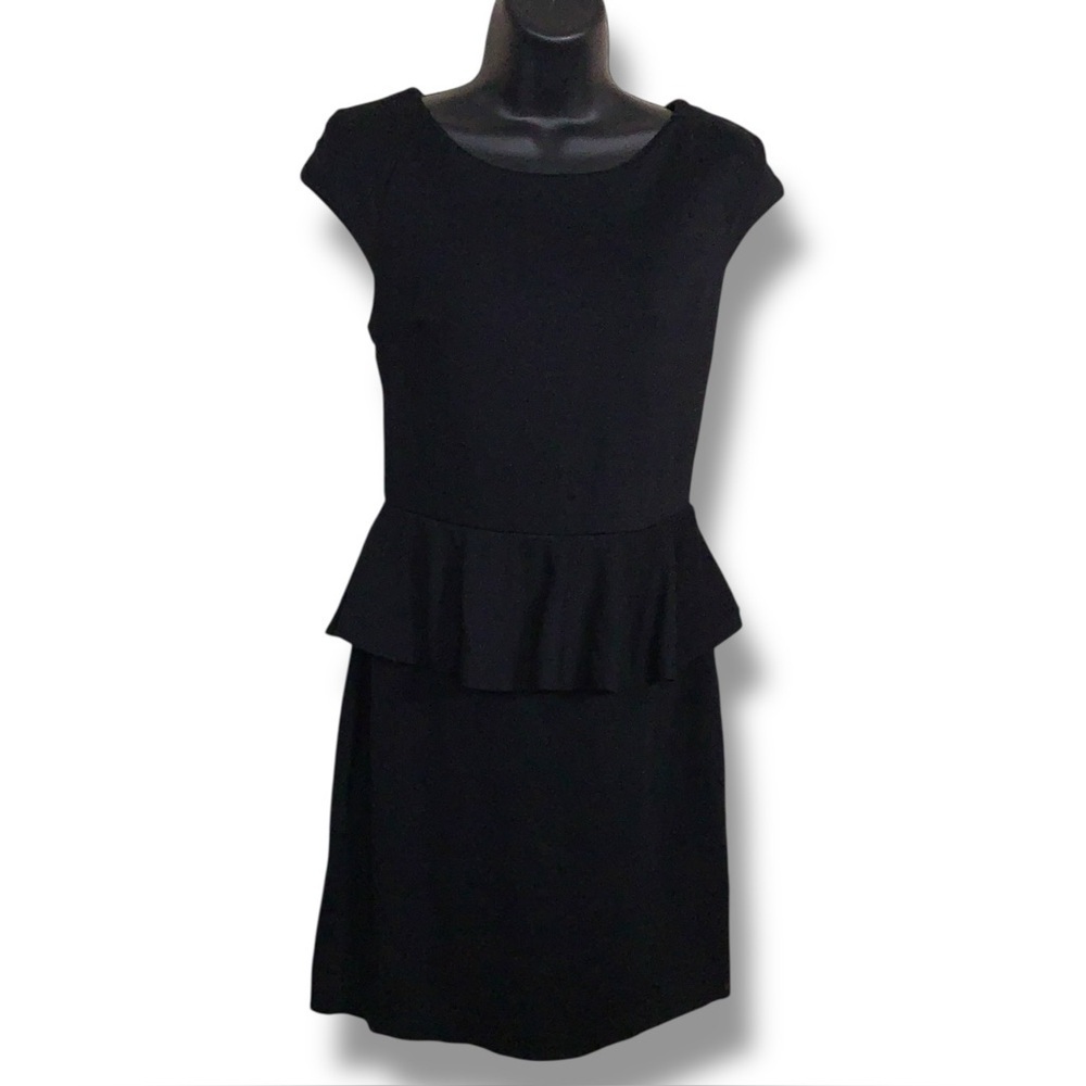 Size 4 Express Black Peplum Dress Bodycon Beige Lace Accent Stretch Short Sleeve